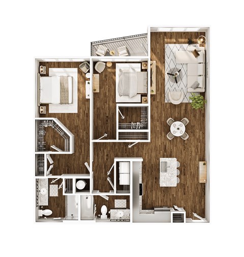 Floor plan for 2 beds, 2 baths, 1305 sqft